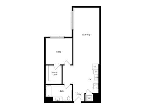 A floor plan of a house with a living room, dining room, kitchen, bathroom, bedroom, and entry.